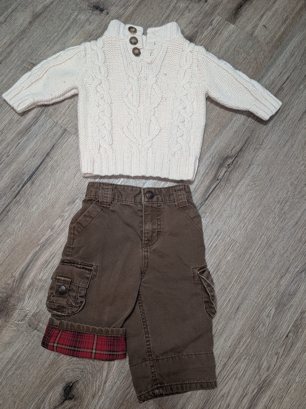 OshKosh Cream Cable-Knit Wool Blend Sweater Brown Corduroy Cargo Pant Baby 6M